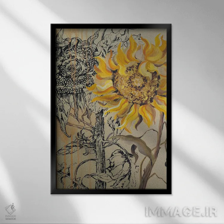 تابلو دکوراتیو گل های آفتابگردان روی طلا اثر دلنارا ال - نمای قابدار مشکی