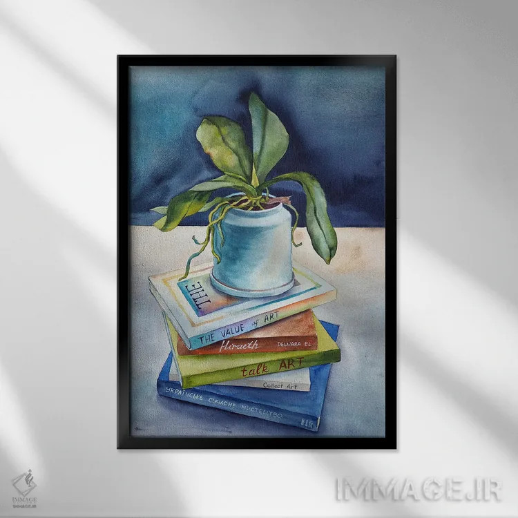 تابلو دکوراتیو طبیعت بی جان با کتاب ها اثر دلنارا ال - نمای قابدار مشکی