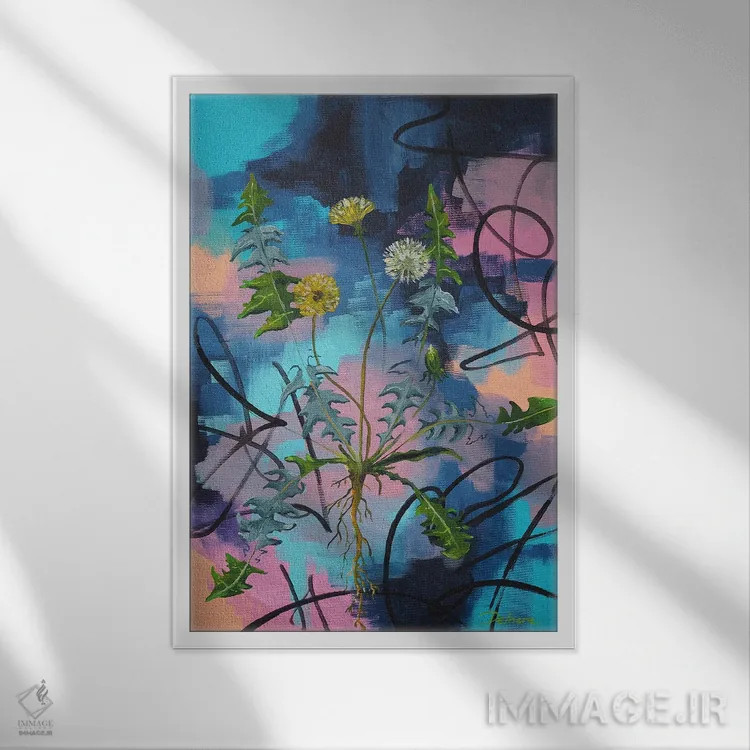 تابلو انتزاعی قاصدک بر زمینه احساسی اثر دلنارا ال - نمای قابدار سفید