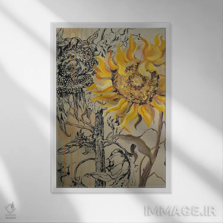 تابلو دکوراتیو گل های آفتابگردان روی طلا اثر دلنارا ال - نمای قابدار سفید