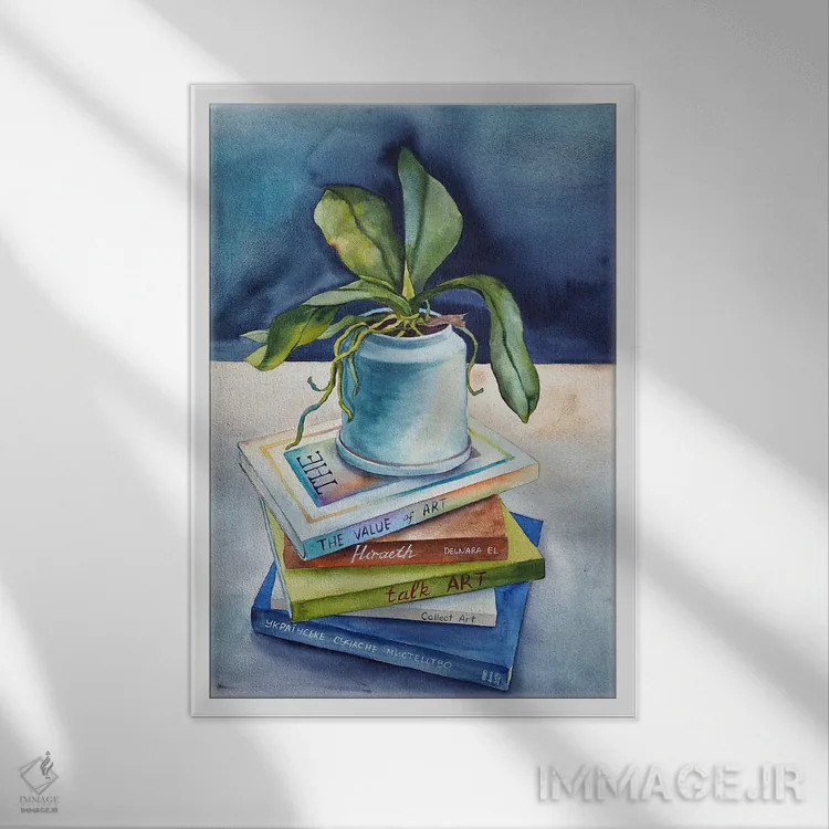 تابلو دکوراتیو طبیعت بی جان با کتاب ها اثر دلنارا ال - نمای قابدار سفید