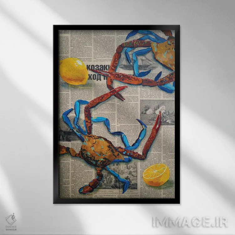 تابلو دکوراتیو خرچنگ ها روی روزنامه اثر دلنارا ال - نمای قابدار مشکی