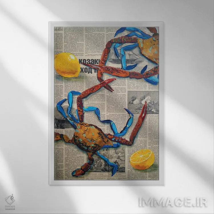 تابلو دکوراتیو خرچنگ ها روی روزنامه اثر دلنارا ال - نمای قابدار سفید