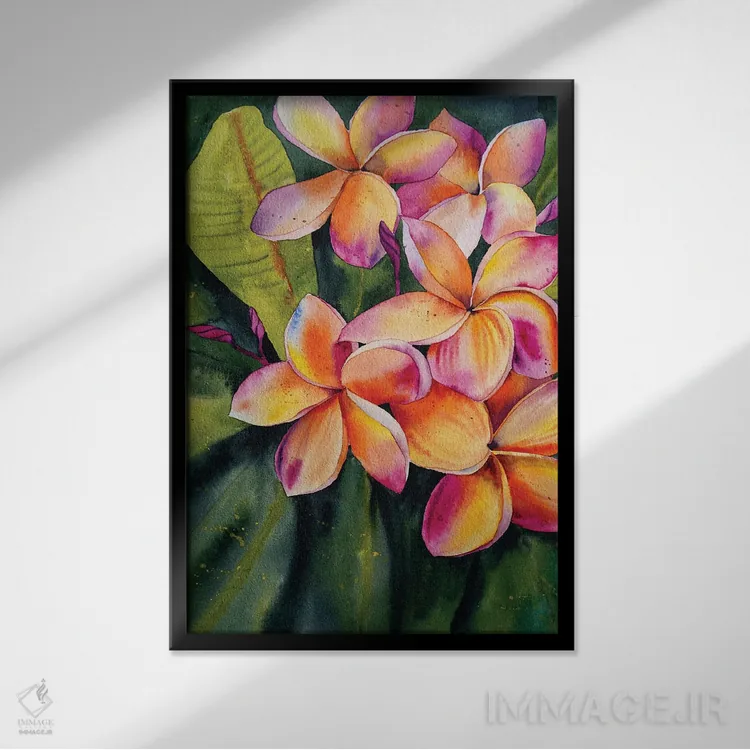 تابلو دکوراتیو گل فرانجیپانی اثر دلنارا ال - نمای قابدار مشکی