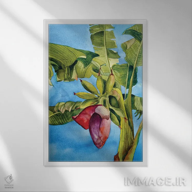 تابلو دکوراتیو شکوفه موز اثر دلنارا ال - نمای قابدار سفید