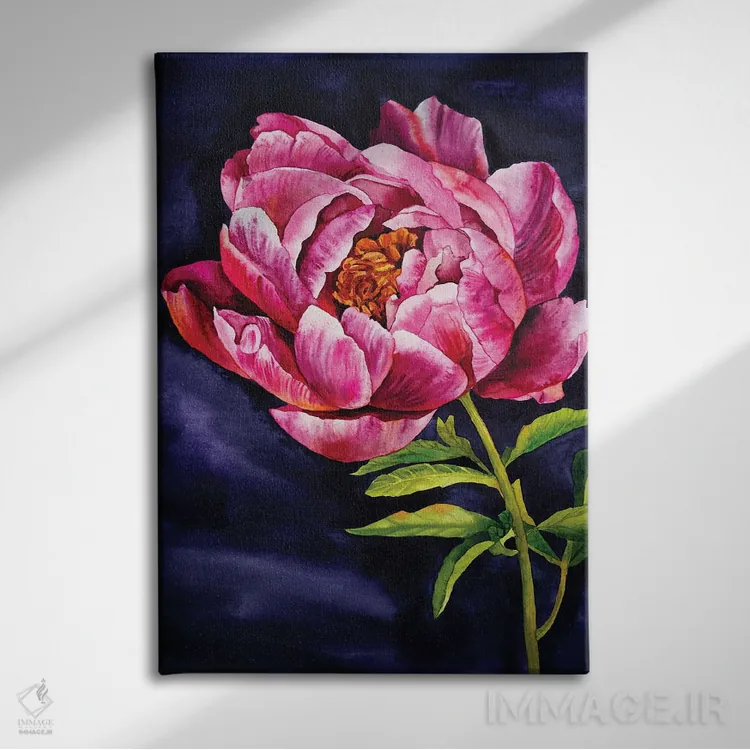 تابلو دکوراتیو گل صدتومانی روی زمینه تیره اثر دلنارا ال - نمای روبهرو روی دیوار