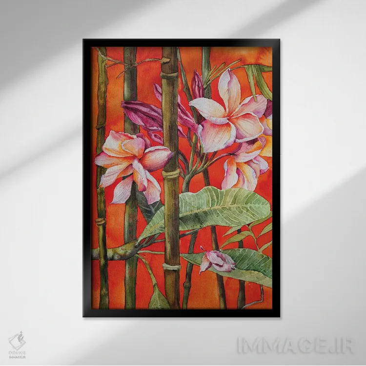تابلو دکوراتیو فرانجیپانی اثر دلنارا ال - نمای قابدار مشکی