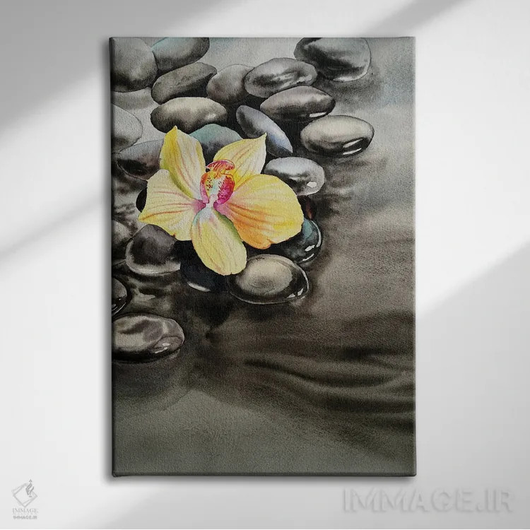 تابلو دکوراتیو ارکیده و سنگ های دریایی اثر دلنارا ال - نمای روبهرو روی دیوار