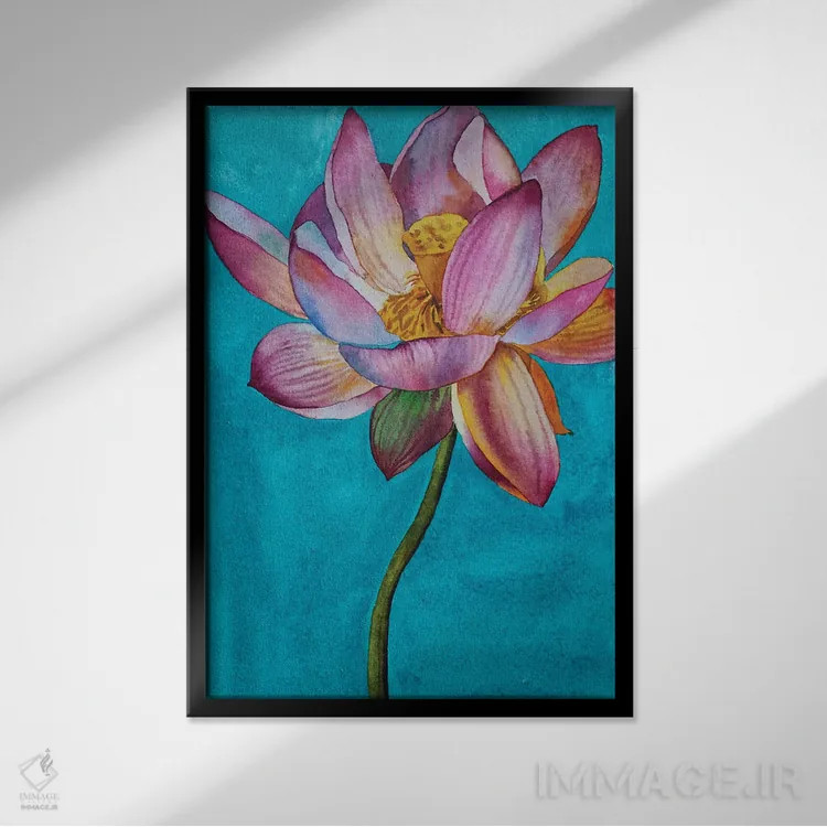 تابلو دکوراتیو تالاب نیلوفر آبی اثر دلنارا ال - نمای قابدار مشکی