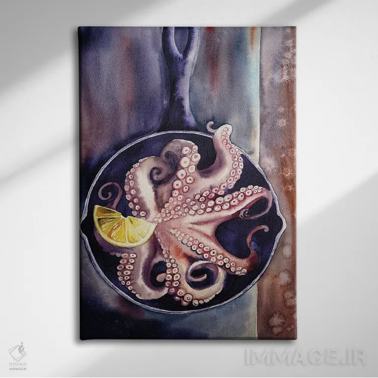 تابلو دکوراتیو طبیعت بی جان با هشت پا در یک ماهیتابه اثر دلنارا ال - نمای روبهرو روی دیوار