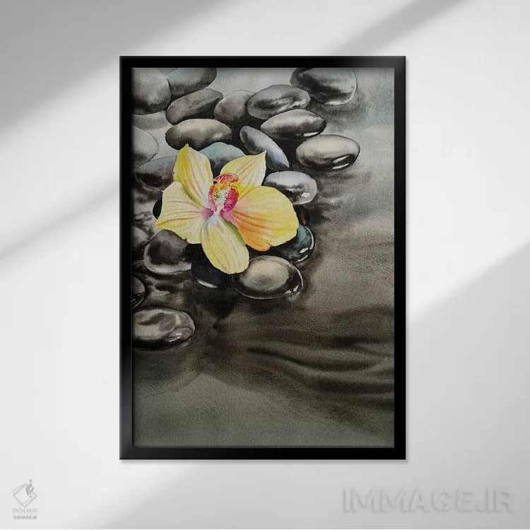 تابلو دکوراتیو ارکیده و سنگ های دریایی اثر دلنارا ال - نمای قابدار مشکی