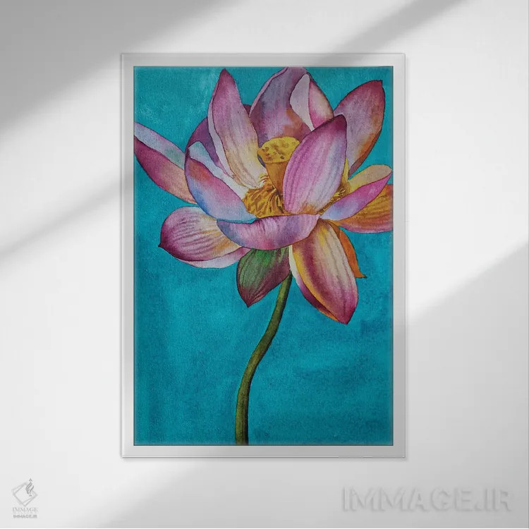 تابلو دکوراتیو تالاب نیلوفر آبی اثر دلنارا ال - نمای قابدار سفید
