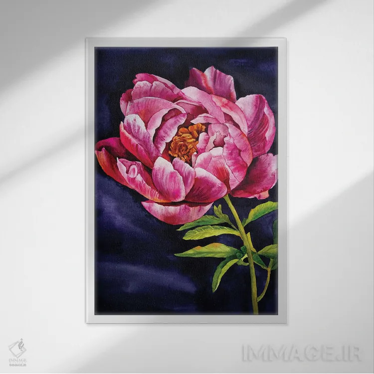 تابلو دکوراتیو گل صدتومانی روی زمینه تیره اثر دلنارا ال - نمای قابدار سفید