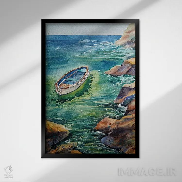 تابلو دکوراتیو قایق در خلیج زیبای نقاشی گونه اثر دلنارا ال - نمای قابدار مشکی