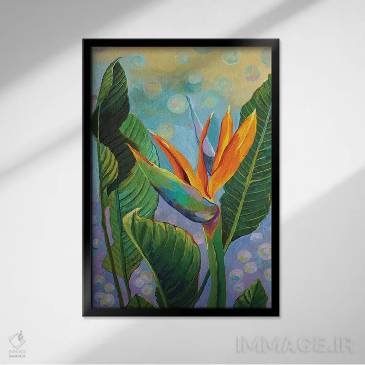 تابلو دکوراتیو Tropical Flower,استرلیتزیا، گل استوایی اثر دلنارا ال - نمای قابدار مشکی