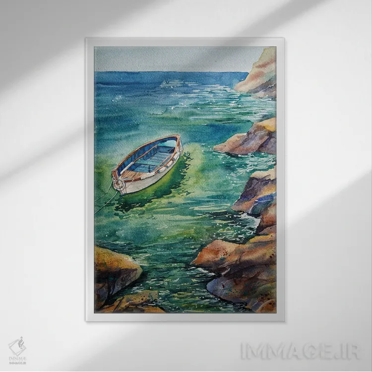 تابلو دکوراتیو قایق در خلیج زیبای نقاشی گونه اثر دلنارا ال - نمای قابدار سفید