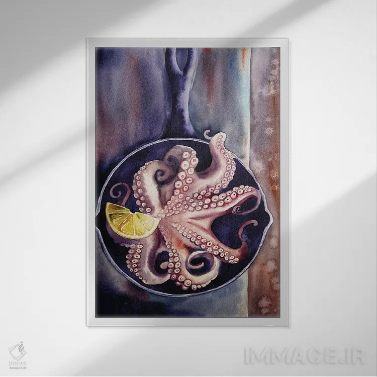 تابلو دکوراتیو طبیعت بی جان با هشت پا در یک ماهیتابه اثر دلنارا ال - نمای قابدار سفید