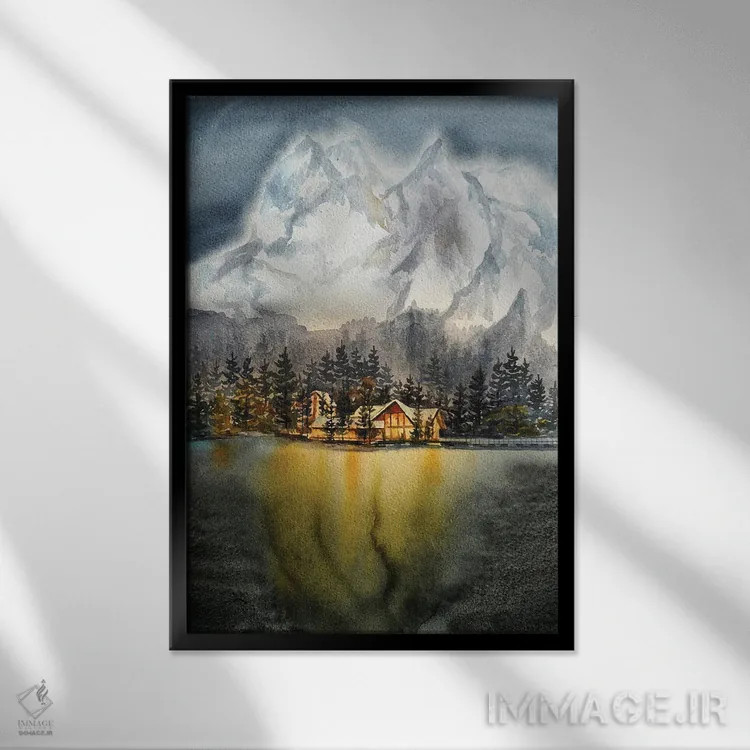 تابلو دکوراتیو خانه گرم در شبی سرد اثر دلنارا ال - نمای قابدار مشکی