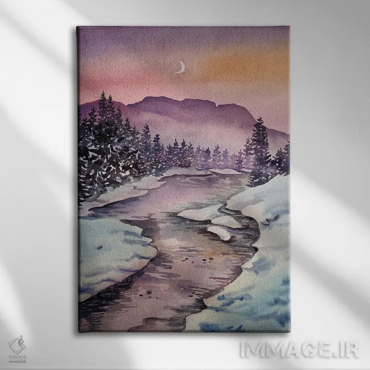 تابلو دکوراتیو جنگل زمستانی هنگام غروب اثر دلنارا ال - نمای روبهرو روی دیوار