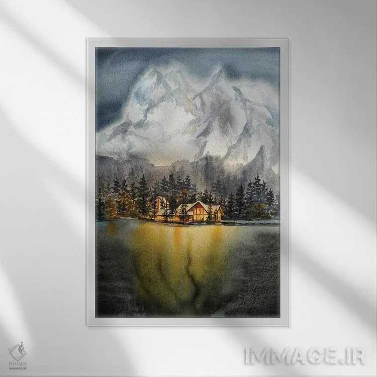 تابلو دکوراتیو خانه گرم در شبی سرد اثر دلنارا ال - نمای قابدار سفید