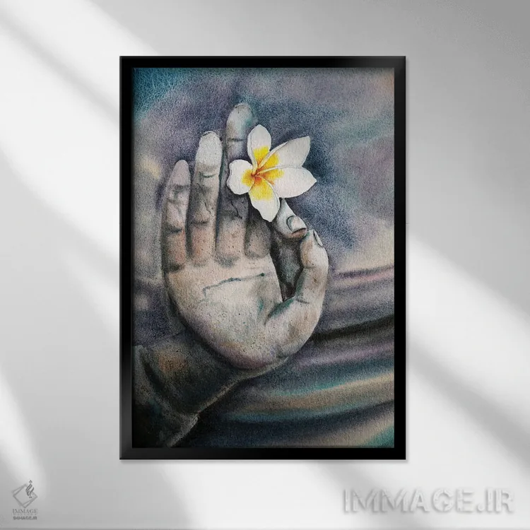 تابلو دکوراتیو همه ما گل در دستان بودا هستیم ۱ اثر دلنارا ال - نمای قابدار مشکی