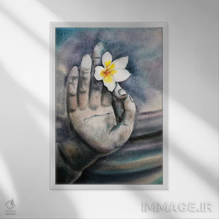 تابلو دکوراتیو همه ما گل در دستان بودا هستیم ۱ اثر دلنارا ال - نمای قابدار سفید