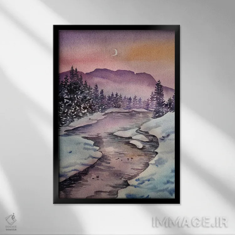 تابلو دکوراتیو جنگل زمستانی هنگام غروب اثر دلنارا ال - نمای قابدار مشکی