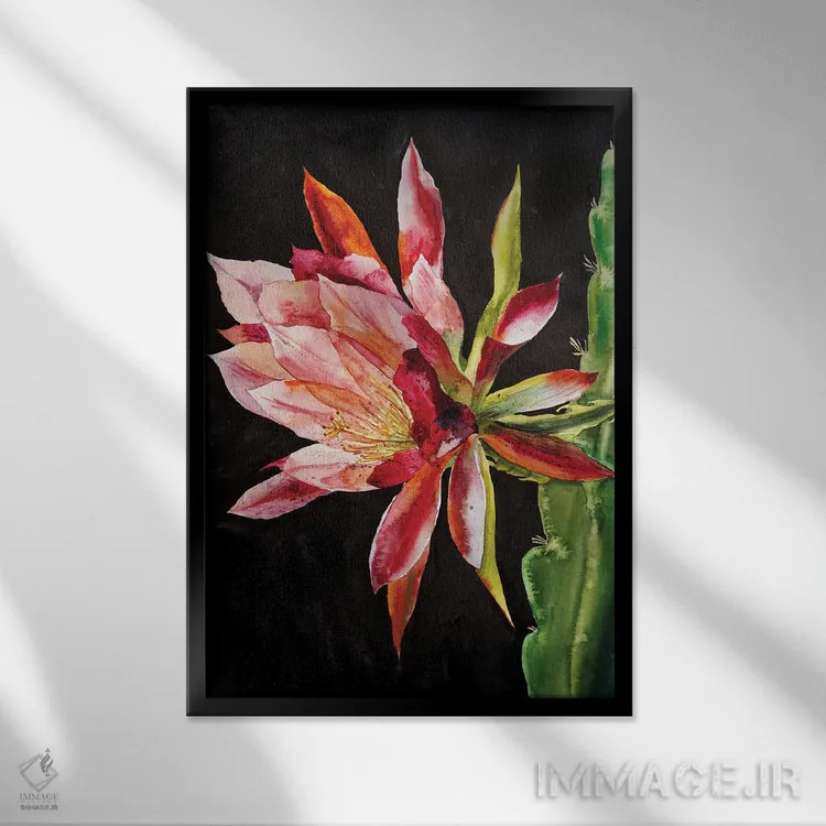 تابلو دکوراتیو گل کاکتوس اثر دلنارا ال - نمای قابدار مشکی