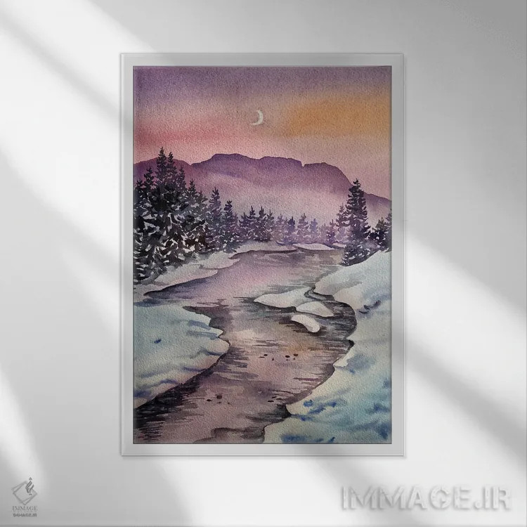 تابلو دکوراتیو جنگل زمستانی هنگام غروب اثر دلنارا ال - نمای قابدار سفید