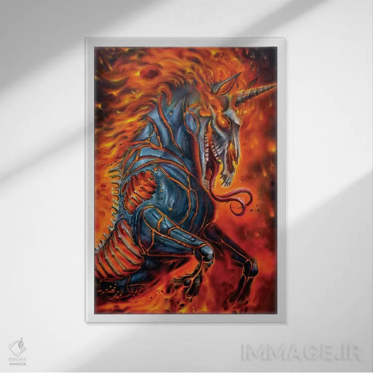 تابلو دکوراتیو اسب تک شاخ فلزی اثر درک تورکوت - نمای قابدار سفید