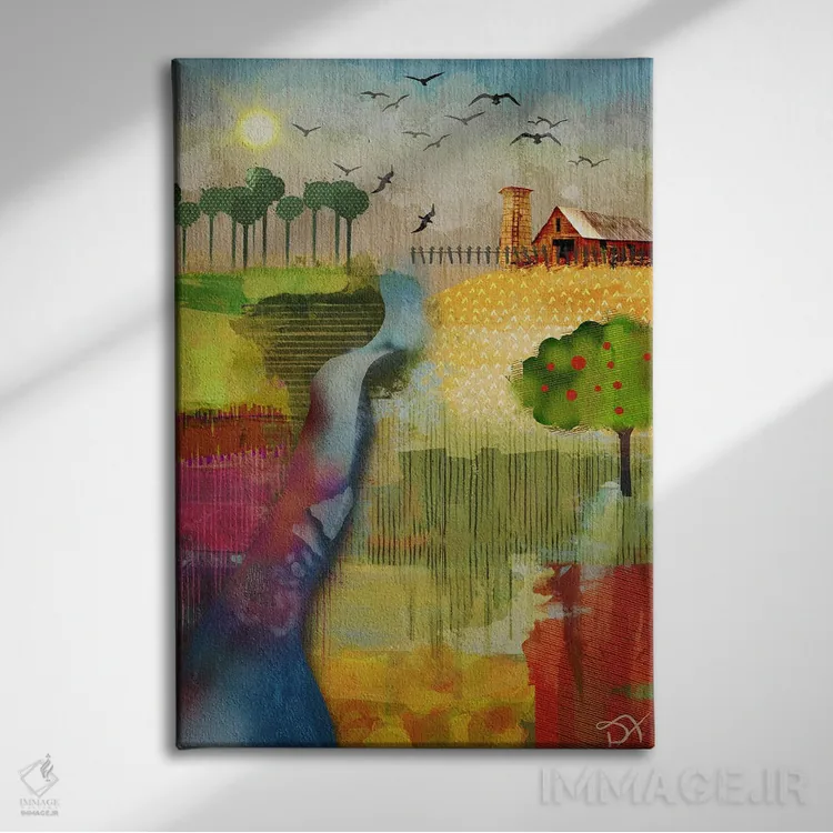 تابلو دکوراتیو مزرعه با درخت سیب اثر دارلا فرارا - نمای روبهرو روی دیوار