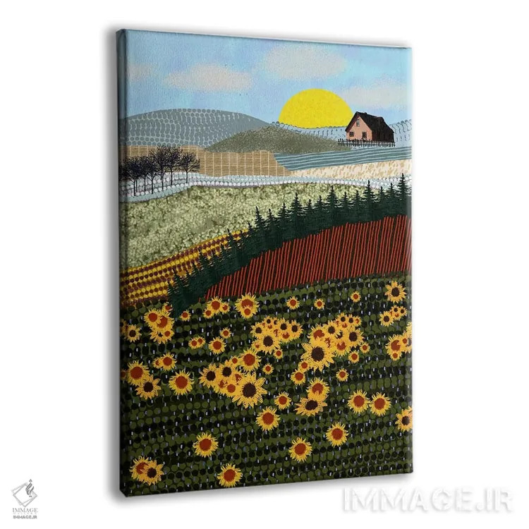 تابلو دکوراتیو خانه ای روی تپه با گل های آفتابگردان اثر دارلا فرارا - نمای پرسپکتیو محصول