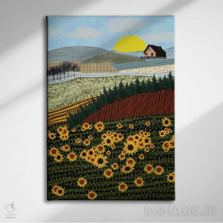 تابلو دکوراتیو خانه ای روی تپه با گل های آفتابگردان اثر دارلا فرارا - نمای روبهرو روی دیوار