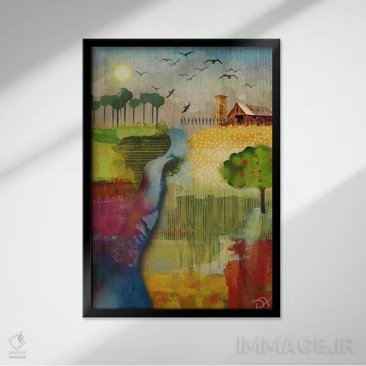 تابلو دکوراتیو مزرعه با درخت سیب اثر دارلا فرارا - نمای قابدار مشکی