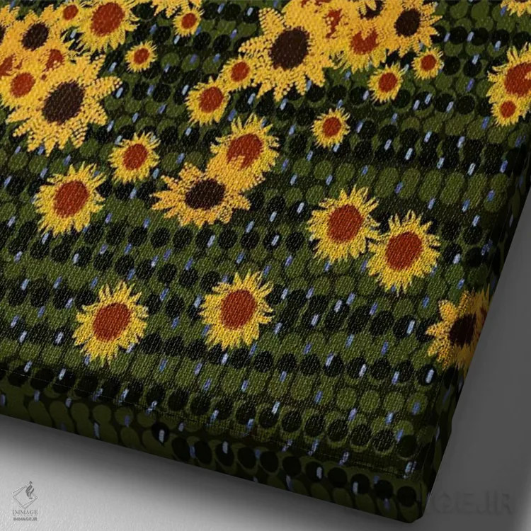 تابلو دکوراتیو خانه ای روی تپه با گل های آفتابگردان اثر دارلا فرارا - نمای نزدیک بافت بوم