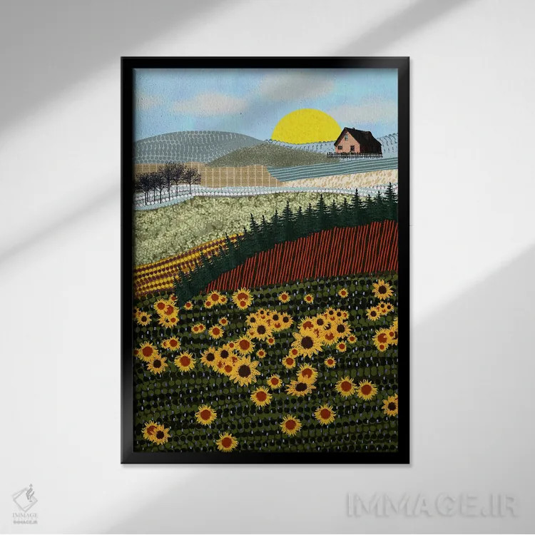 تابلو دکوراتیو خانه ای روی تپه با گل های آفتابگردان اثر دارلا فرارا - نمای قابدار مشکی