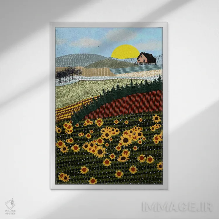 تابلو دکوراتیو خانه ای روی تپه با گل های آفتابگردان اثر دارلا فرارا - نمای قابدار سفید