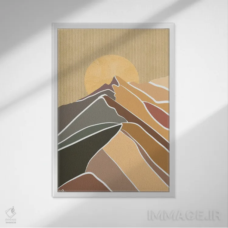 تابلو انتزاعی ماه بر فراز کوه ها در رنگ های روشن اثر دارلا فرارا - نمای قابدار سفید