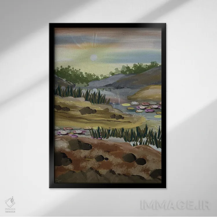 تابلو دکوراتیو خورشید بر فراز رودخانه اثر دارلا فرارا - نمای قابدار مشکی