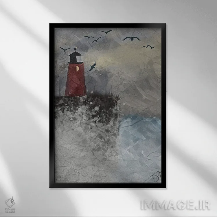 تابلو دکوراتیو فانوس دریایی در میان امواج اثر دارلا فرارا - نمای قابدار مشکی