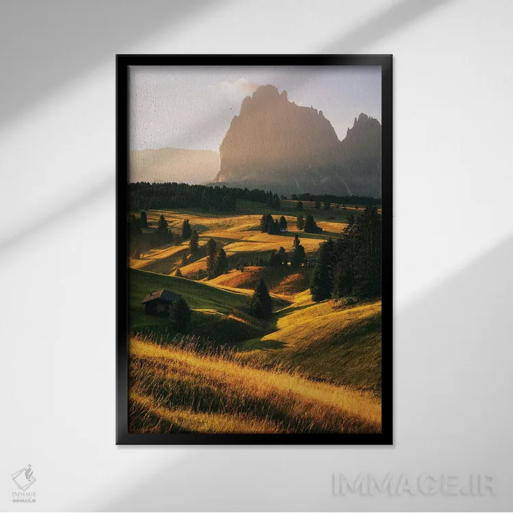 تابلو دکوراتیو صبح تابستانی طلایی در آلپه دی سوییسی اثر دنیل گاستاگر - نمای قابدار مشکی