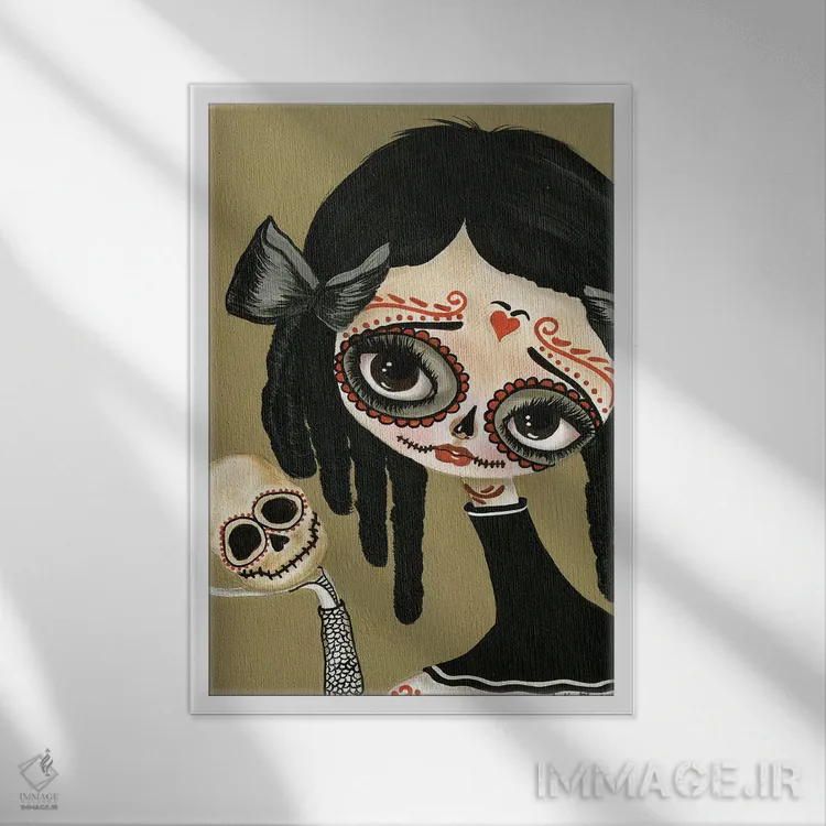 تابلو دکوراتیو جمجمه در دست اثر داتی گلیسون - نمای قابدار سفید