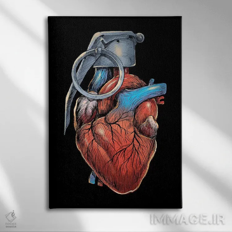 تابلو دکوراتیو نارنجک قلبی اثر دیجیتال کاربین - نمای روبهرو روی دیوار