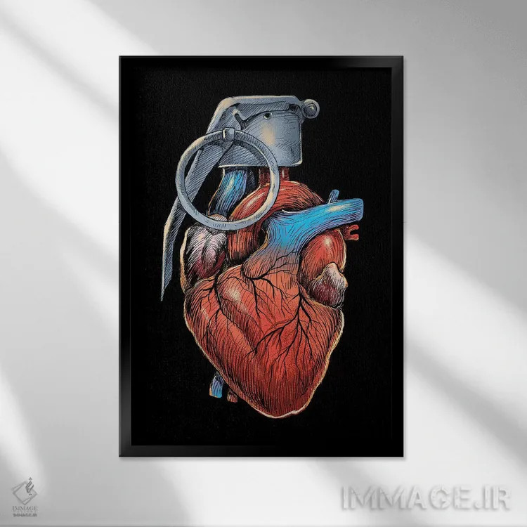 تابلو دکوراتیو نارنجک قلبی اثر دیجیتال کاربین - نمای قابدار مشکی