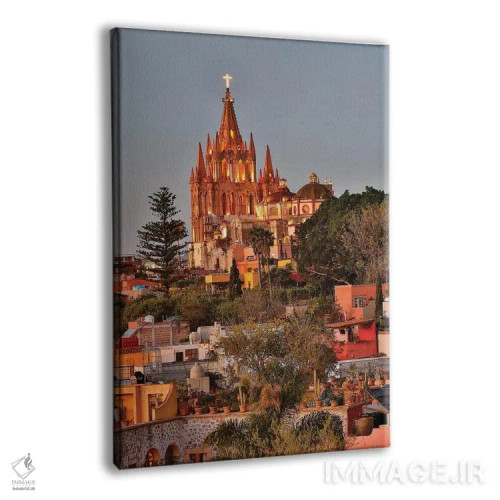 تابلو دکوراتیو Mexico. Ornate Parroquia de San Miguel Archangel with city o… اثر دارل گالین - نمای پرسپکتیو محصول