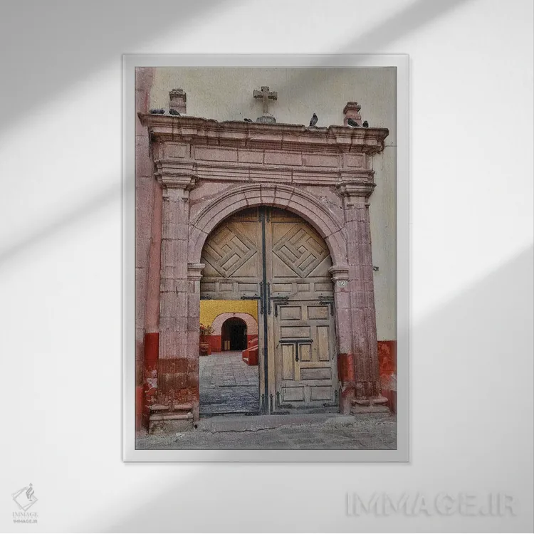 تابلو دکوراتیو Mexico. Open doorway into plaza of church,سن میگوئل د آلنده… اثر دارل گالین - نمای قابدار سفید