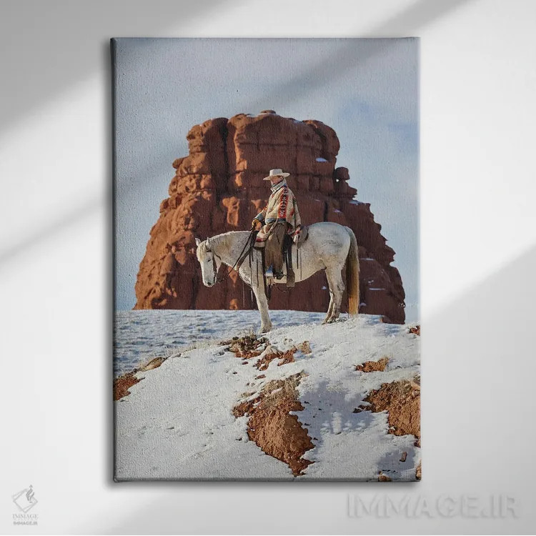 تابلو دکوراتیو Wyoming Hideout Ranch Cowgirl On Horseback Riding On Ridgeli… اثر دارل گالین - نمای روبهرو روی دیوار
