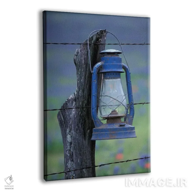 تابلو دکوراتیو Lytle, Texas, USA,فانوس آبی آویزان بر تیرک سیم خاردار، لیتل… اثر دارل گالین - نمای پرسپکتیو محصول