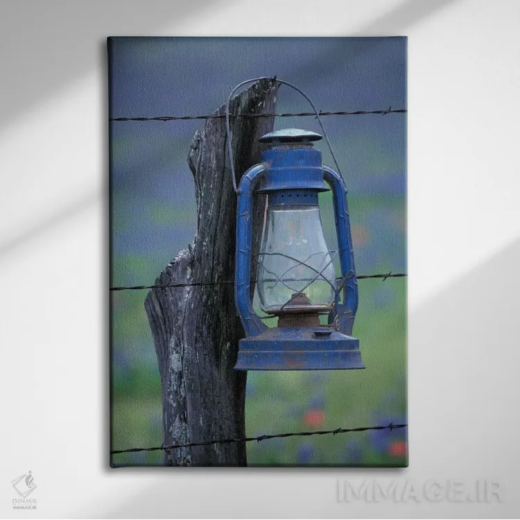 تابلو دکوراتیو Lytle, Texas, USA,فانوس آبی آویزان بر تیرک سیم خاردار، لیتل… اثر دارل گالین - نمای روبهرو روی دیوار