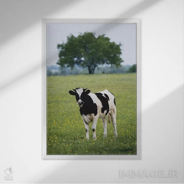 تابلو دکوراتیو Lytle, Texas, USA,گاو ماده تنها در یک مرتع، لیتل، تگزاس، آمر… اثر دارل گالین - نمای قابدار سفید